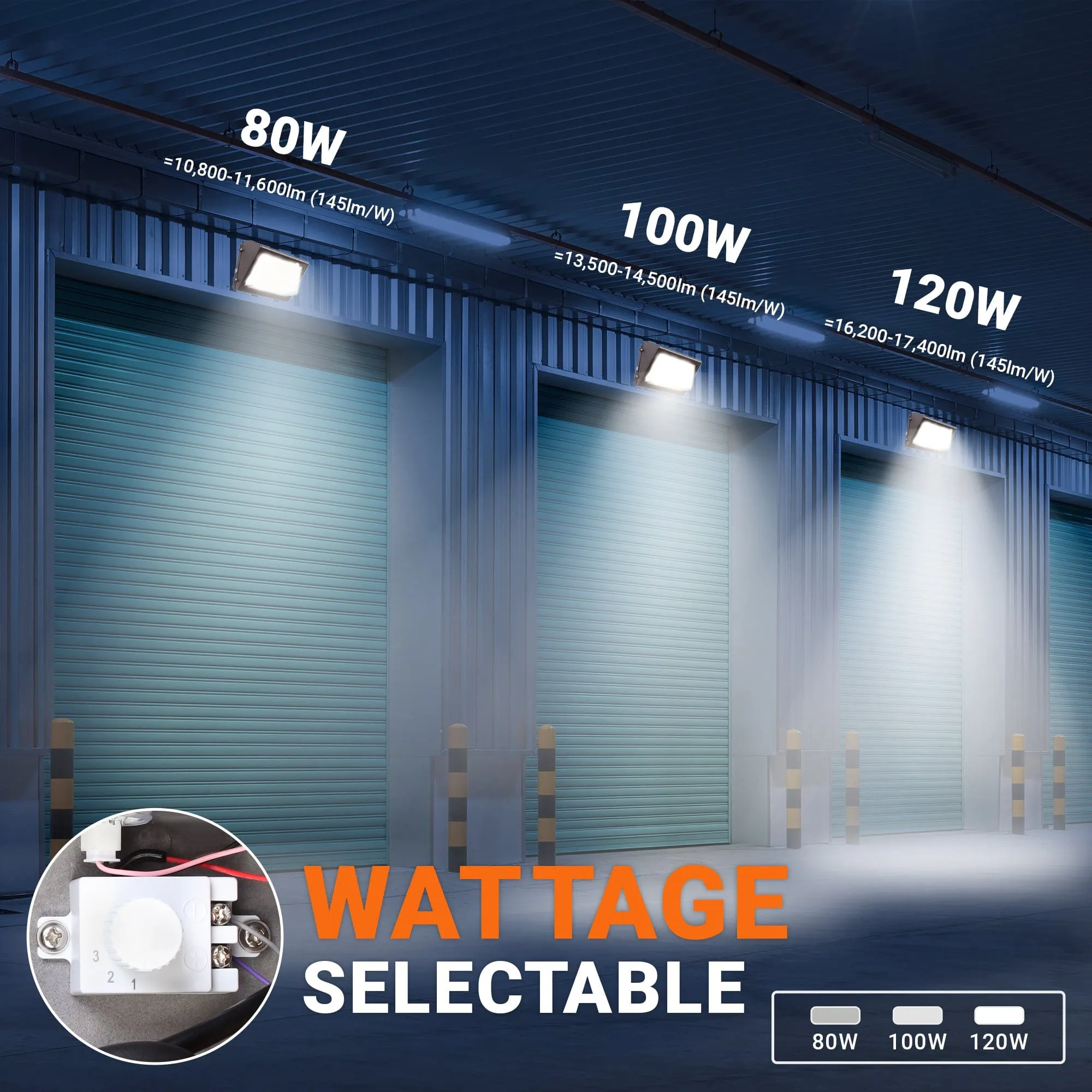 80W-120W Semi-Cutoff LED Wall Pack 3000K-5000K - 100-277VAC Photocell - Striped Glass - Bronze