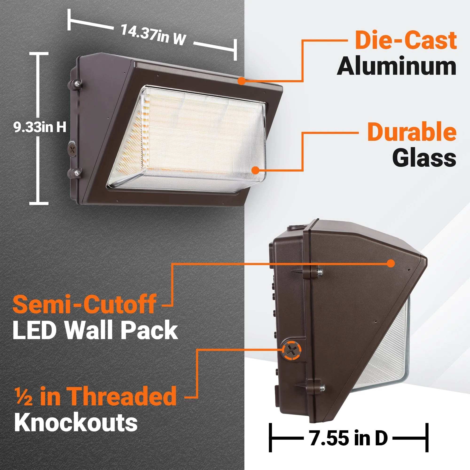80W-120W Semi-Cutoff LED Wall Pack 3000K-5000K - 100-277VAC Photocell - Striped Glass - Bronze