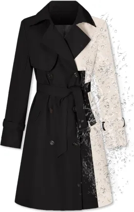 Betusline Women's Long Double-Breasted Waterproof Trench Coat with Belt