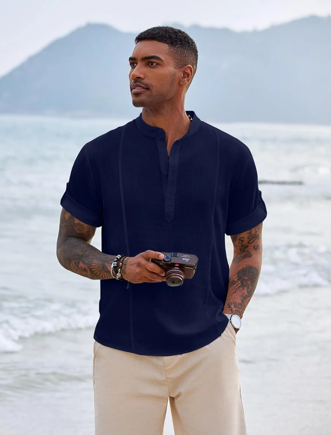 COOFANDY Men's Henley T-Shirts Short Sleeve Casual Button Henley Shirts Band Collar Tee Summer Beach Hippie Shirts