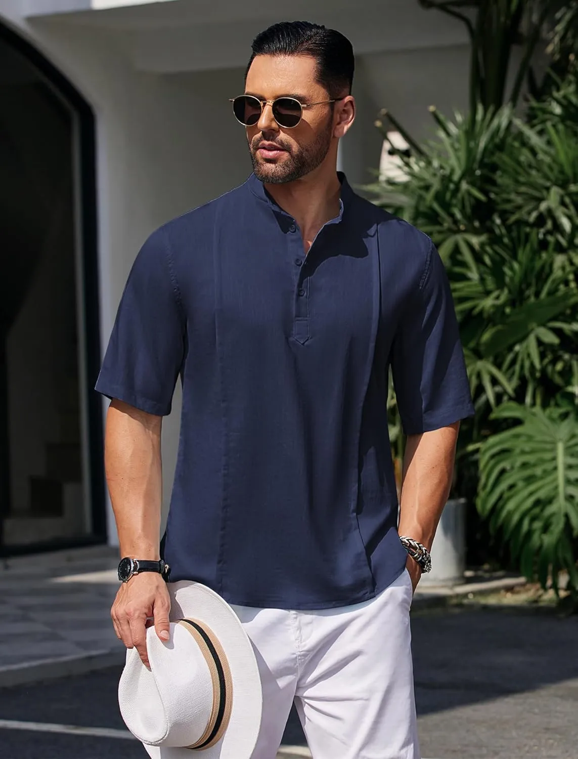 COOFANDY Men's Henley T-Shirts Short Sleeve Casual Button Henley Shirts Band Collar Tee Summer Beach Hippie Shirts