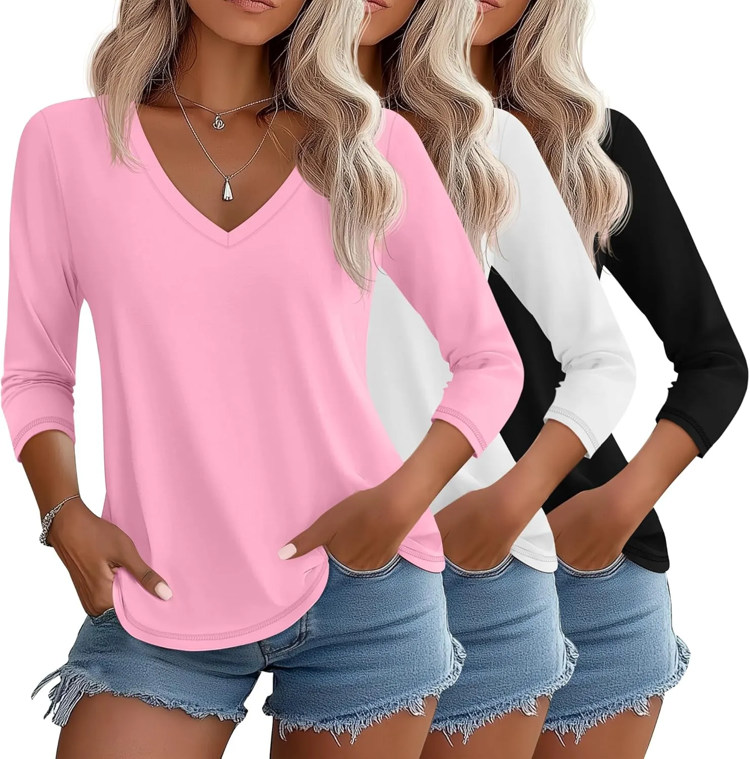 Ficerd 3 Pack Women's 3/4 Sleeve T Shirts, V Neck Cotton Shirts Casual Loose Fit Basic Tunic Tops Solid Summer Trendy Tees