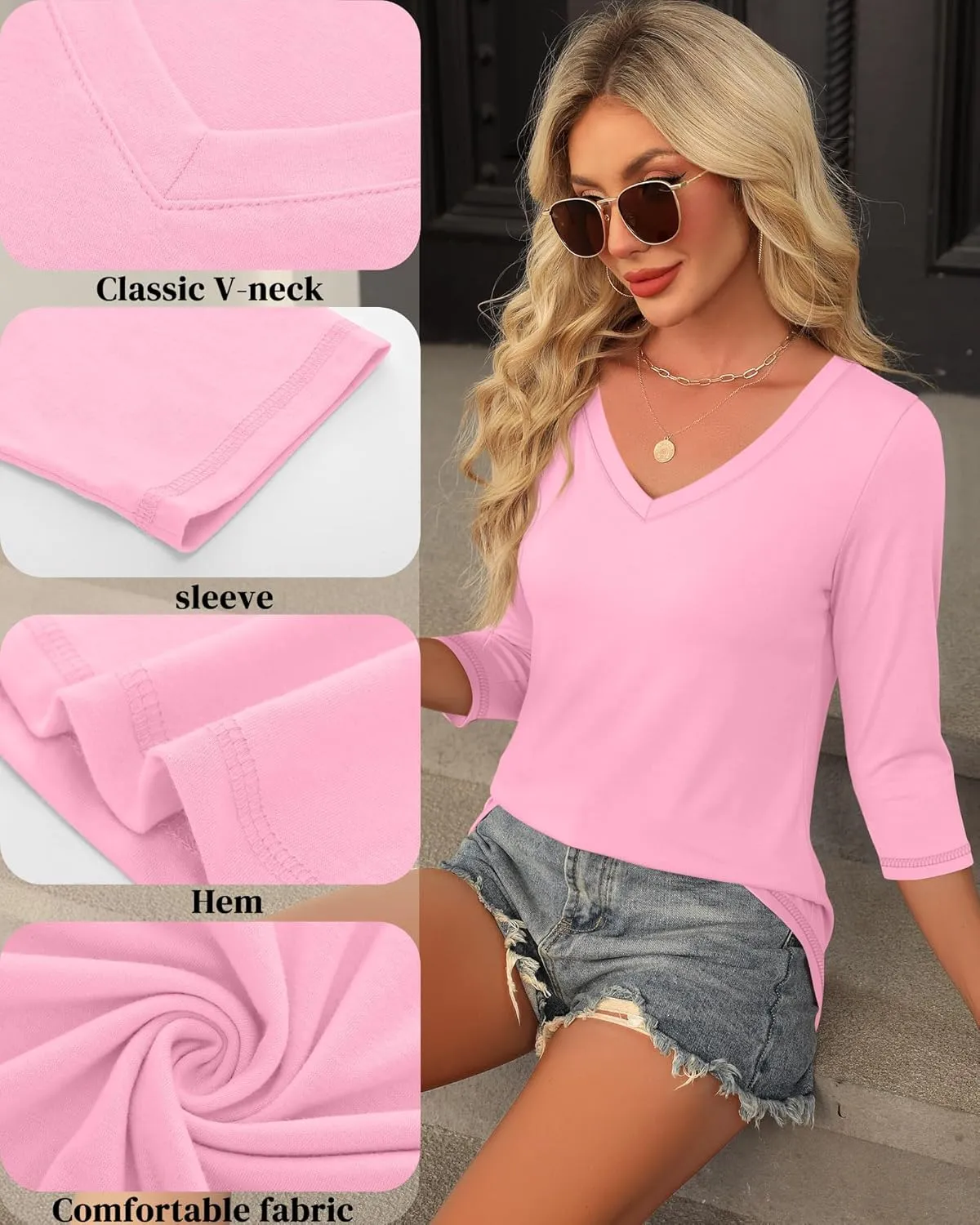Ficerd 3 Pack Women's 3/4 Sleeve T Shirts, V Neck Cotton Shirts Casual Loose Fit Basic Tunic Tops Solid Summer Trendy Tees