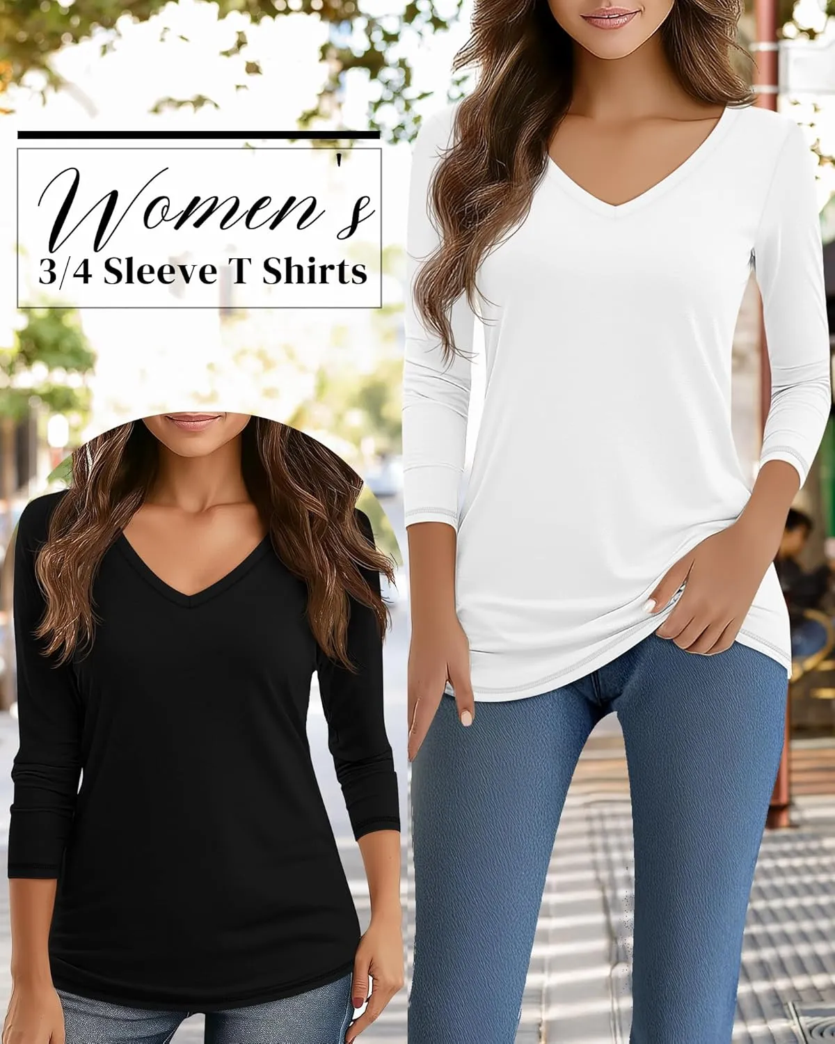 Ficerd 3 Pack Women's 3/4 Sleeve T Shirts, V Neck Cotton Shirts Casual Loose Fit Basic Tunic Tops Solid Summer Trendy Tees