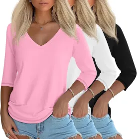 Ficerd 3 Pack Women's 3/4 Sleeve T Shirts, V Neck Cotton Shirts Casual Loose Fit Basic Tunic Tops Solid Summer Trendy Tees