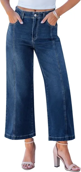 GRAPENT Wide Leg Jeans Woman Trendy Cropped High Waisted Front Seam Casual Stretchy Denim Trouser Jeans with Pockets