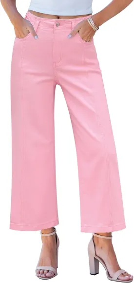 GRAPENT Wide Leg Jeans Woman Trendy Cropped High Waisted Front Seam Casual Stretchy Denim Trouser Jeans with Pockets