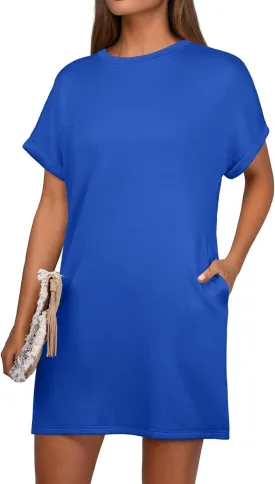 GRECERELLE Women's Summer Short Sleeve Tee Shirt Dress Crew Neck Casual Mini Sundress with Pockets