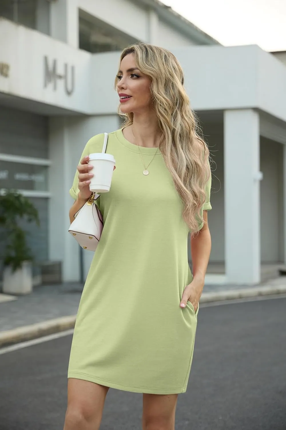 GRECERELLE Women's Summer Short Sleeve Tee Shirt Dress Crew Neck Casual Mini Sundress with Pockets