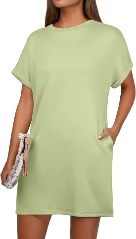 GRECERELLE Women's Summer Short Sleeve Tee Shirt Dress Crew Neck Casual Mini Sundress with Pockets