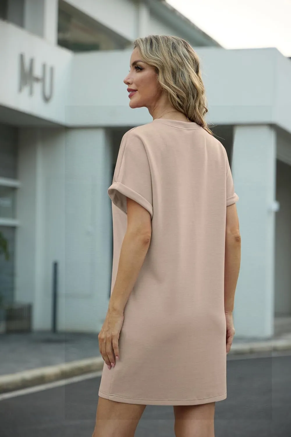 GRECERELLE Women's Summer Short Sleeve Tee Shirt Dress Crew Neck Casual Mini Sundress with Pockets