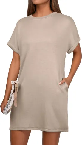 GRECERELLE Women's Summer Short Sleeve Tee Shirt Dress Crew Neck Casual Mini Sundress with Pockets