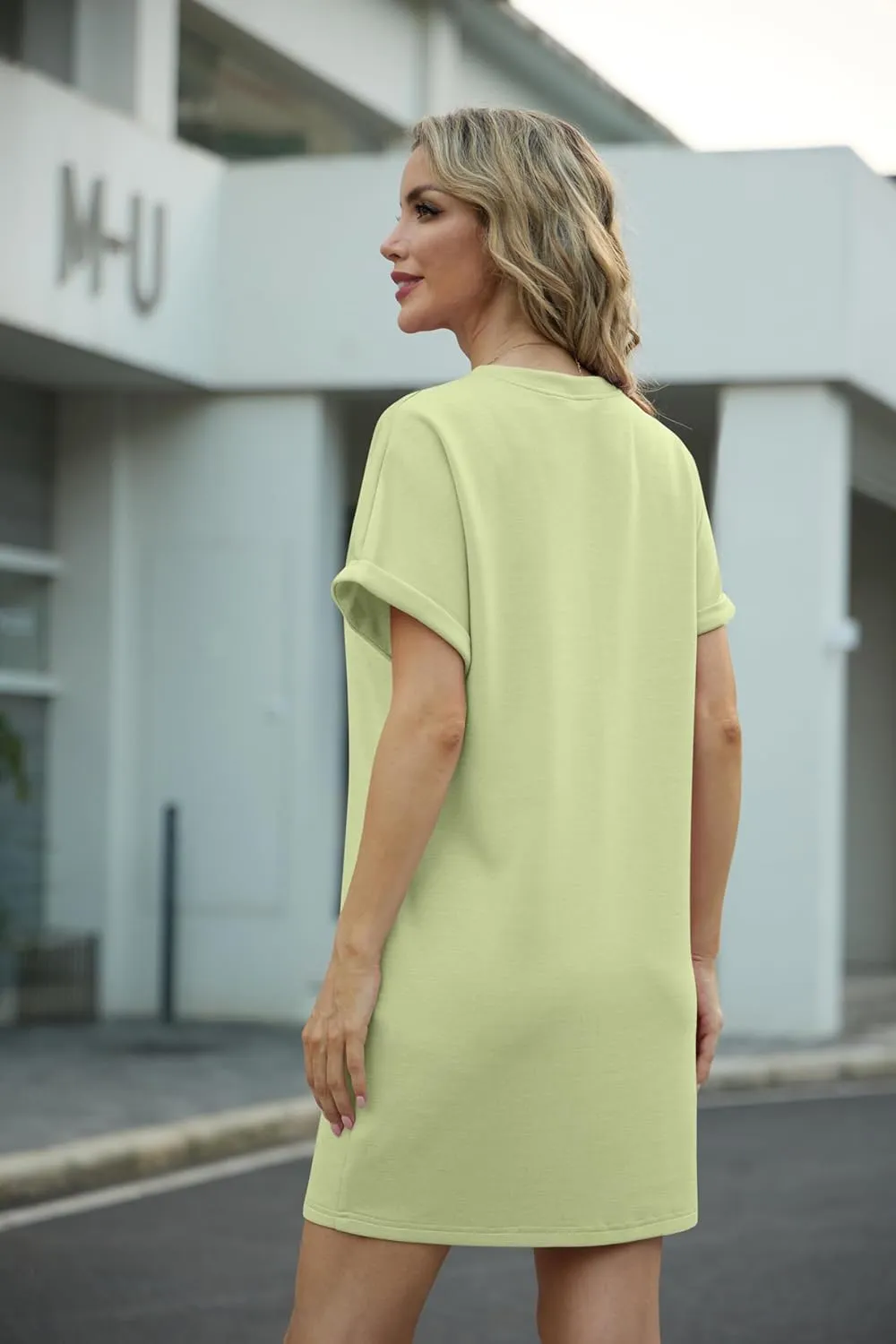 GRECERELLE Women's Summer Short Sleeve Tee Shirt Dress Crew Neck Casual Mini Sundress with Pockets