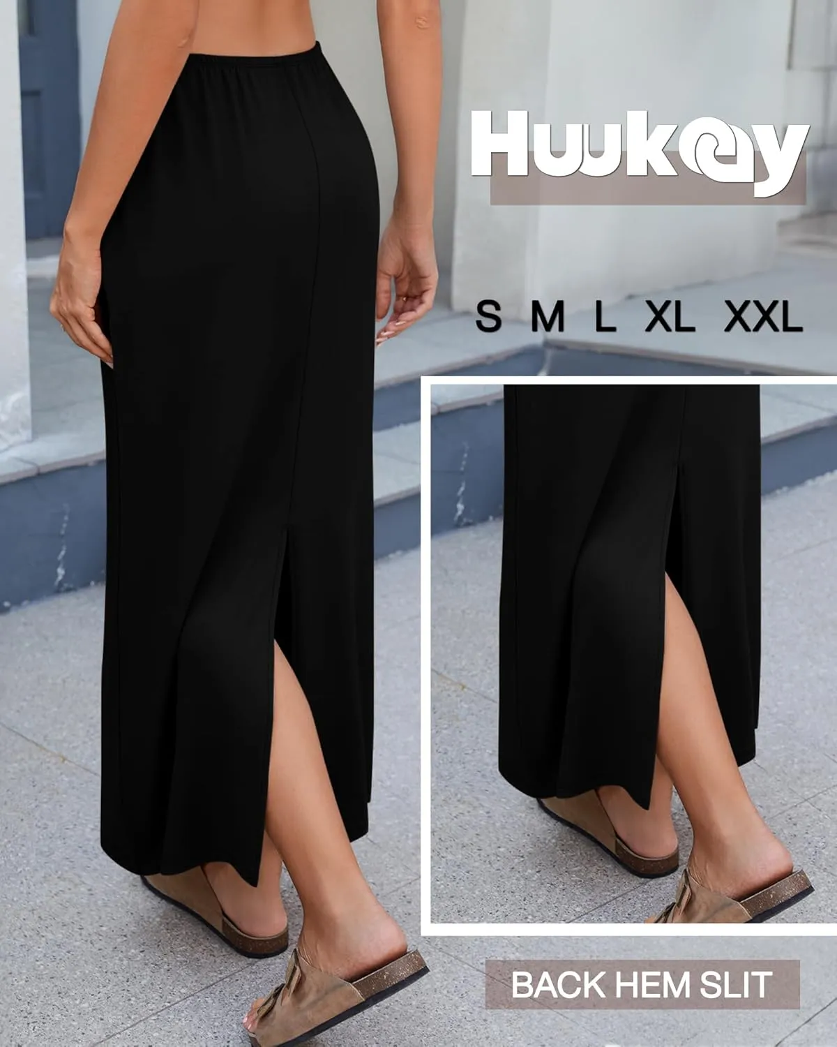 Huukeay 3 Pack Long Maxi Skirts for Women, Back Slit Ankle Length Casual Skirts Elastic Waist Soft Pencil Skirts with Pockets