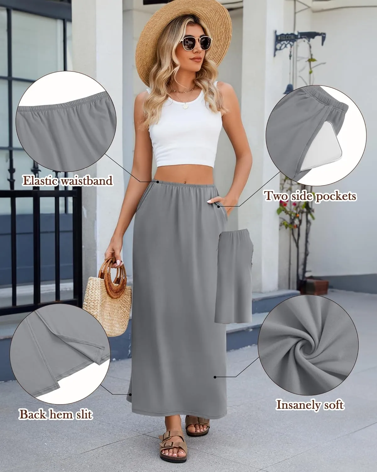 Huukeay 3 Pack Long Maxi Skirts for Women, Back Slit Ankle Length Casual Skirts Elastic Waist Soft Pencil Skirts with Pockets