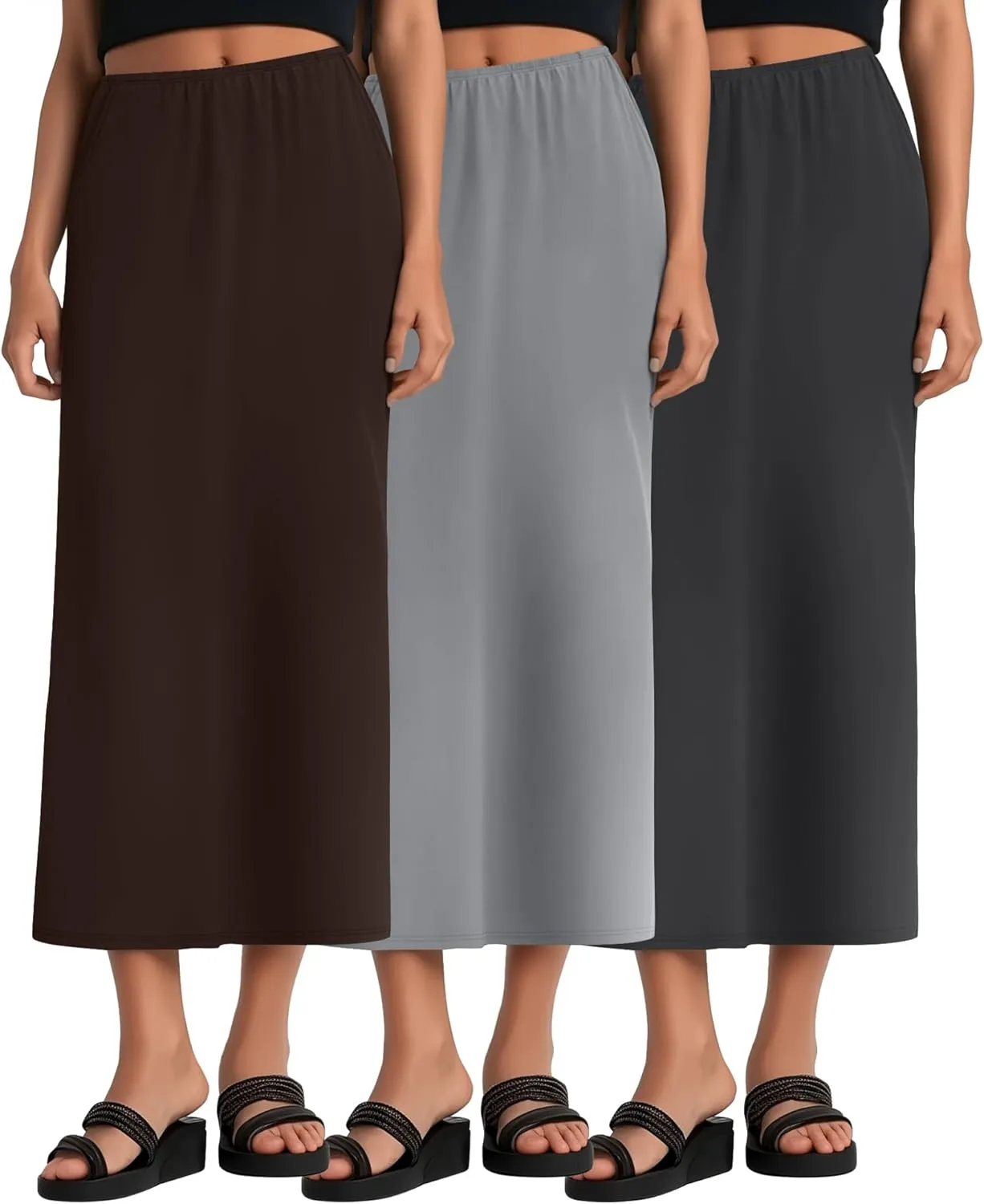 Huukeay 3 Pack Long Maxi Skirts for Women, Back Slit Ankle Length Casual Skirts Elastic Waist Soft Pencil Skirts with Pockets