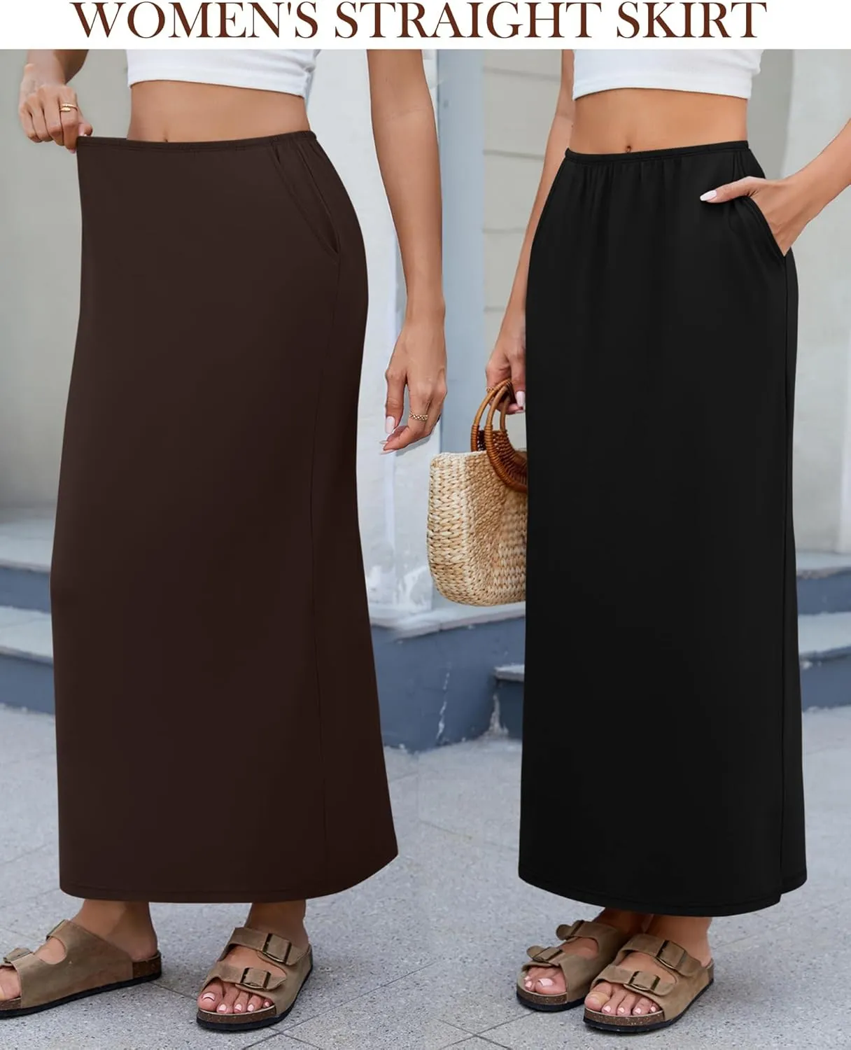 Huukeay 3 Pack Long Maxi Skirts for Women, Back Slit Ankle Length Casual Skirts Elastic Waist Soft Pencil Skirts with Pockets