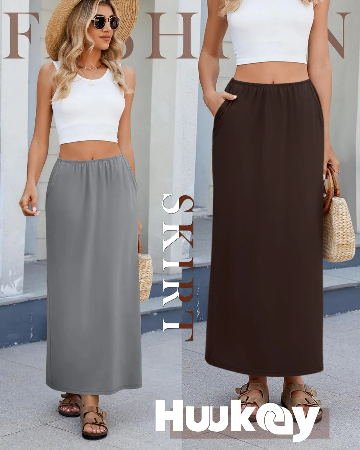 Huukeay 3 Pack Long Maxi Skirts for Women, Back Slit Ankle Length Casual Skirts Elastic Waist Soft Pencil Skirts with Pockets