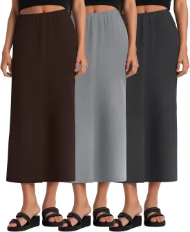 Huukeay 3 Pack Long Maxi Skirts for Women, Back Slit Ankle Length Casual Skirts Elastic Waist Soft Pencil Skirts with Pockets