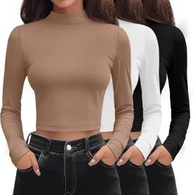 Huukeay 3 Pack Women's Mock Neck Long Sleeve Tight Shirts, Slim Fitted Crop Top Turtleneck Base Layer Tee Fall Y2k Tops