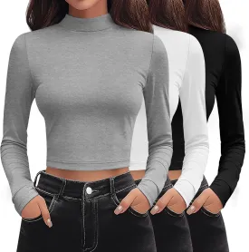 Huukeay 3 Pack Women's Mock Neck Long Sleeve Tight Shirts, Slim Fitted Crop Top Turtleneck Base Layer Tee Fall Y2k Tops