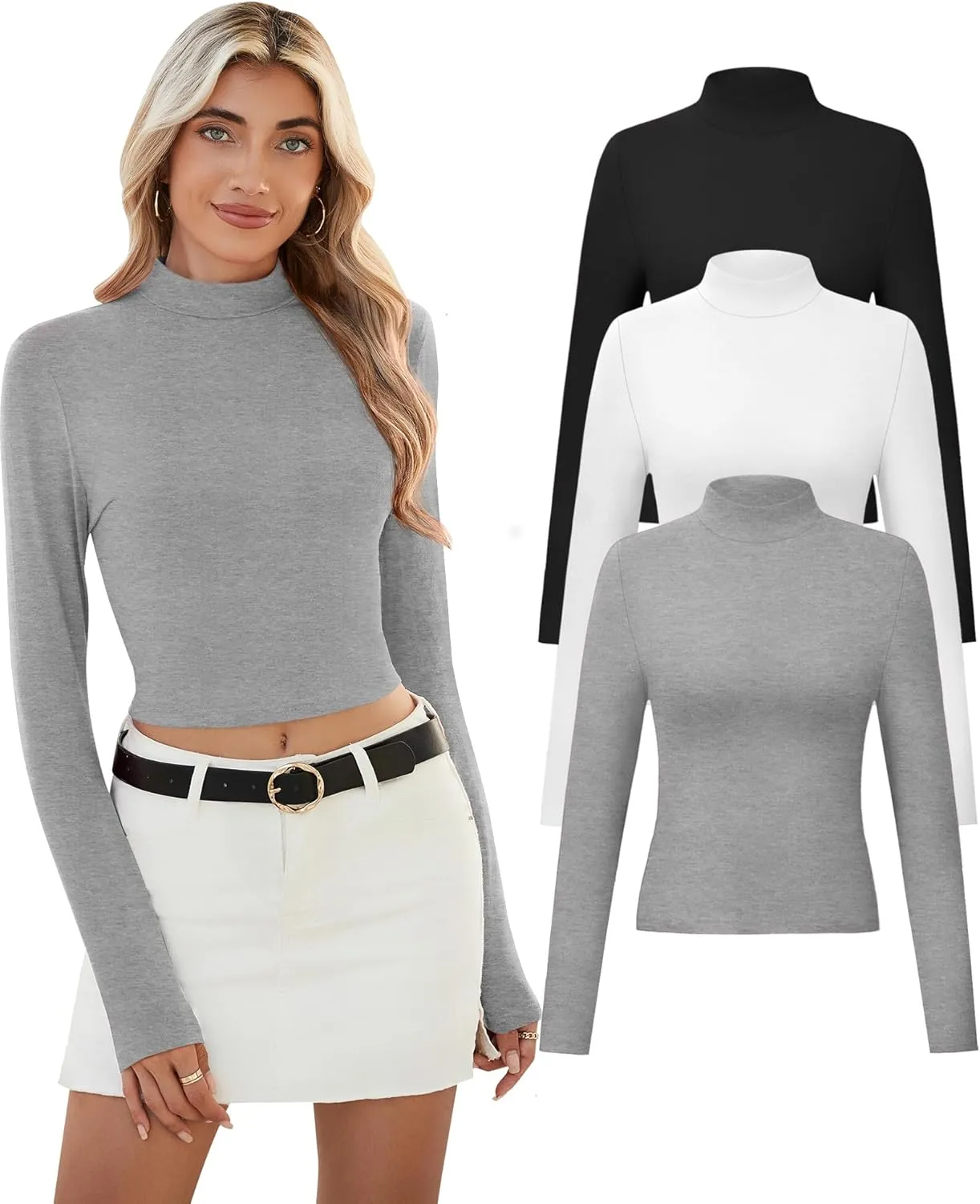 Huukeay 3 Pack Women's Mock Neck Long Sleeve Tight Shirts, Slim Fitted Crop Top Turtleneck Base Layer Tee Fall Y2k Tops