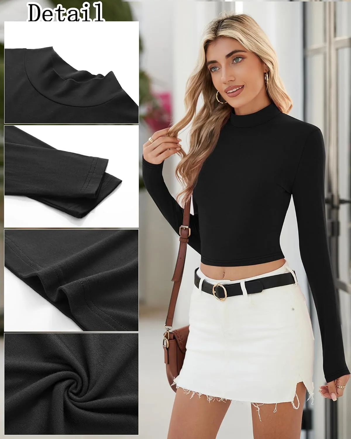 Huukeay 3 Pack Women's Mock Neck Long Sleeve Tight Shirts, Slim Fitted Crop Top Turtleneck Base Layer Tee Fall Y2k Tops