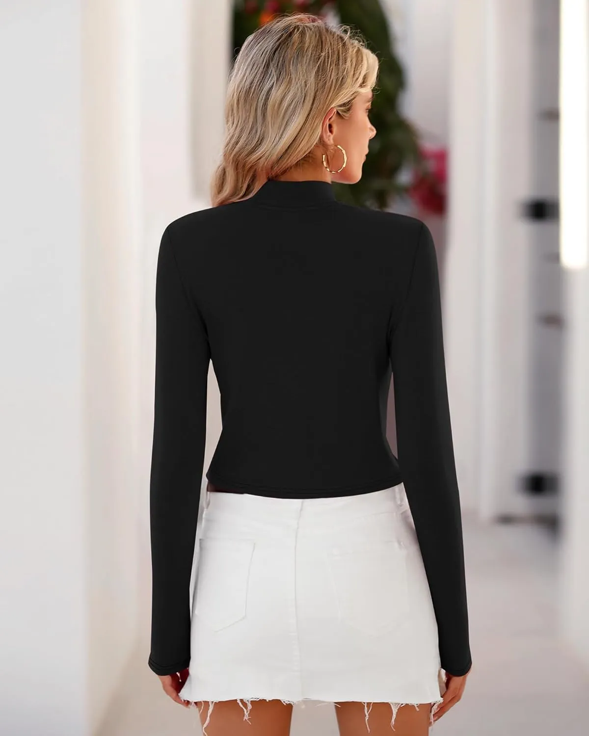 Huukeay 3 Pack Women's Mock Neck Long Sleeve Tight Shirts, Slim Fitted Crop Top Turtleneck Base Layer Tee Fall Y2k Tops