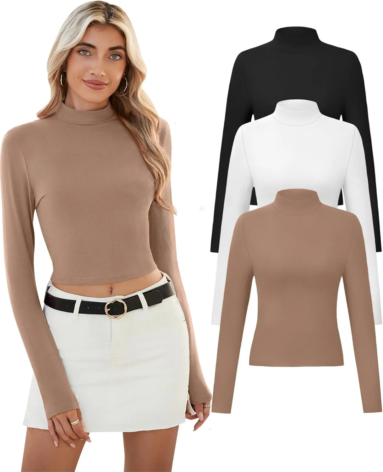Huukeay 3 Pack Women's Mock Neck Long Sleeve Tight Shirts, Slim Fitted Crop Top Turtleneck Base Layer Tee Fall Y2k Tops