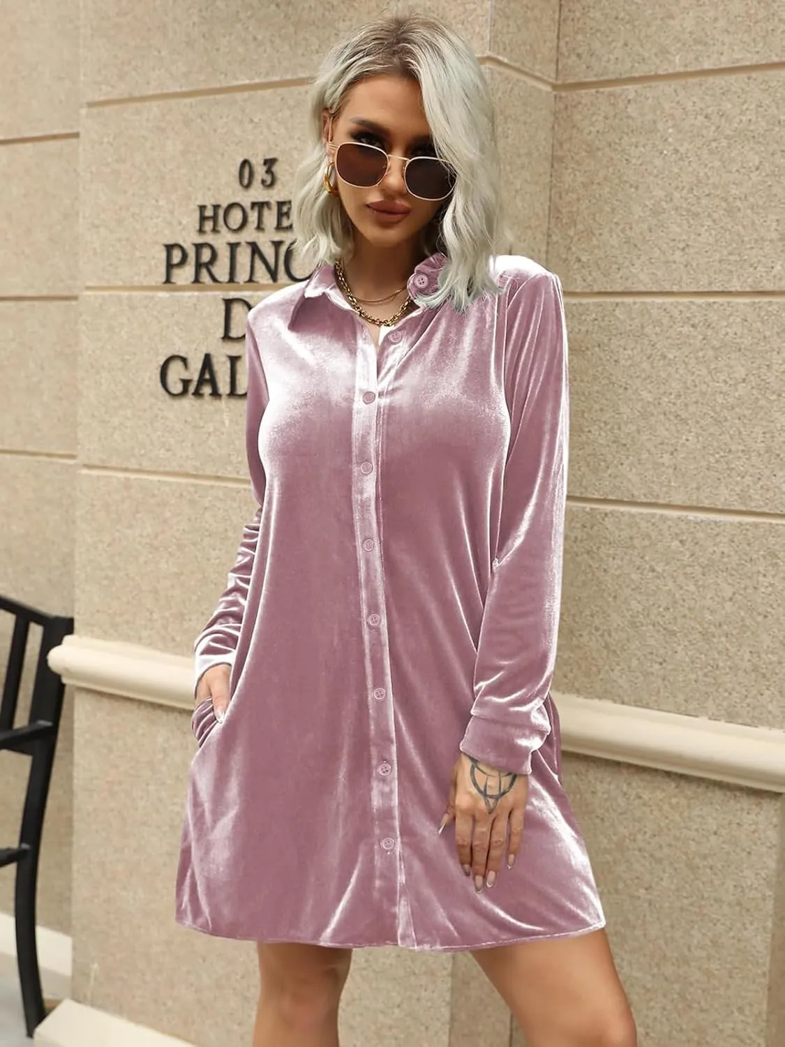 Ivay Women's Spring Button Down Tshirt Dresses Velvet Tunic Dress with Pockets