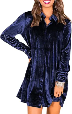 Ivay Women's Spring Button Down Tshirt Dresses Velvet Tunic Dress with Pockets