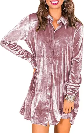 Ivay Women's Spring Button Down Tshirt Dresses Velvet Tunic Dress with Pockets