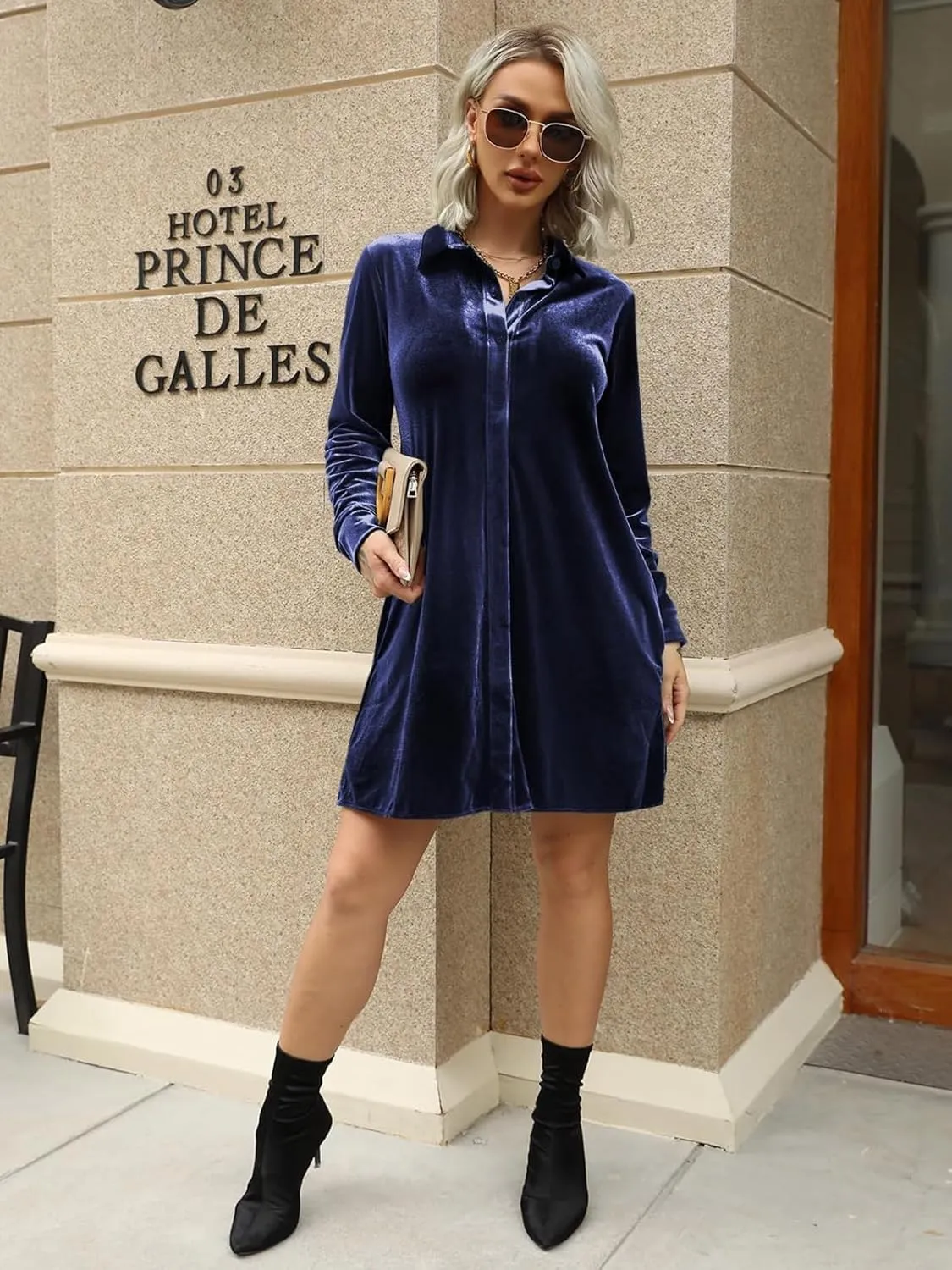 Ivay Women's Spring Button Down Tshirt Dresses Velvet Tunic Dress with Pockets