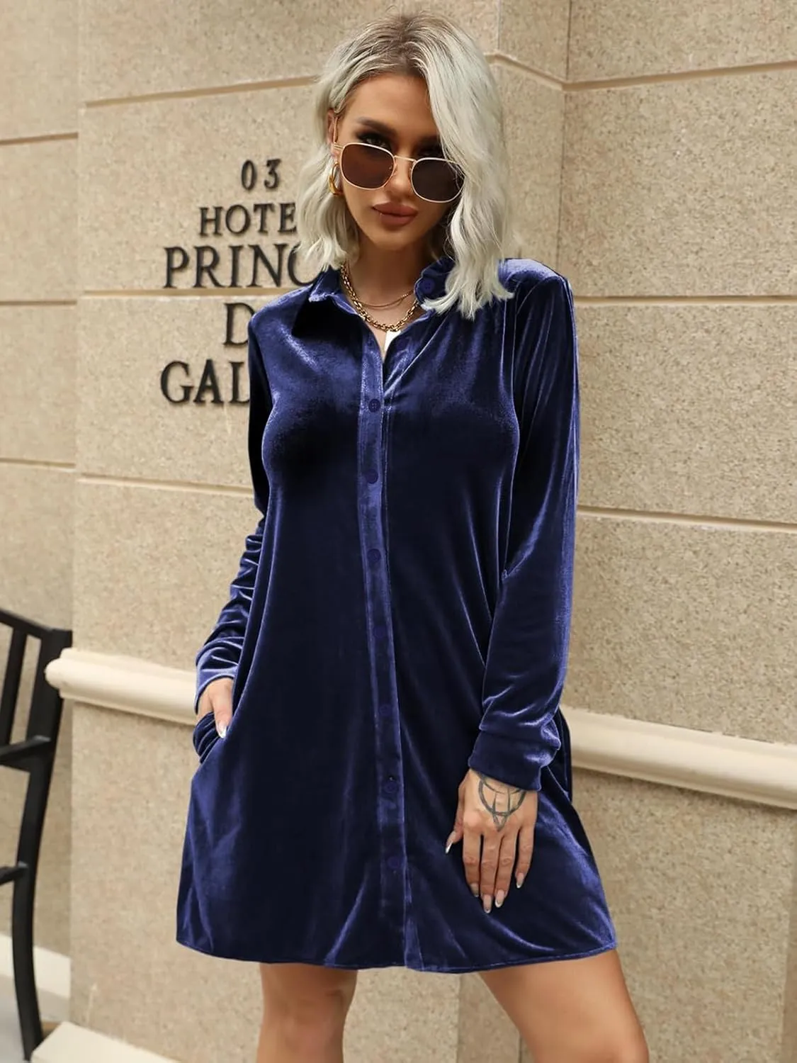 Ivay Women's Spring Button Down Tshirt Dresses Velvet Tunic Dress with Pockets