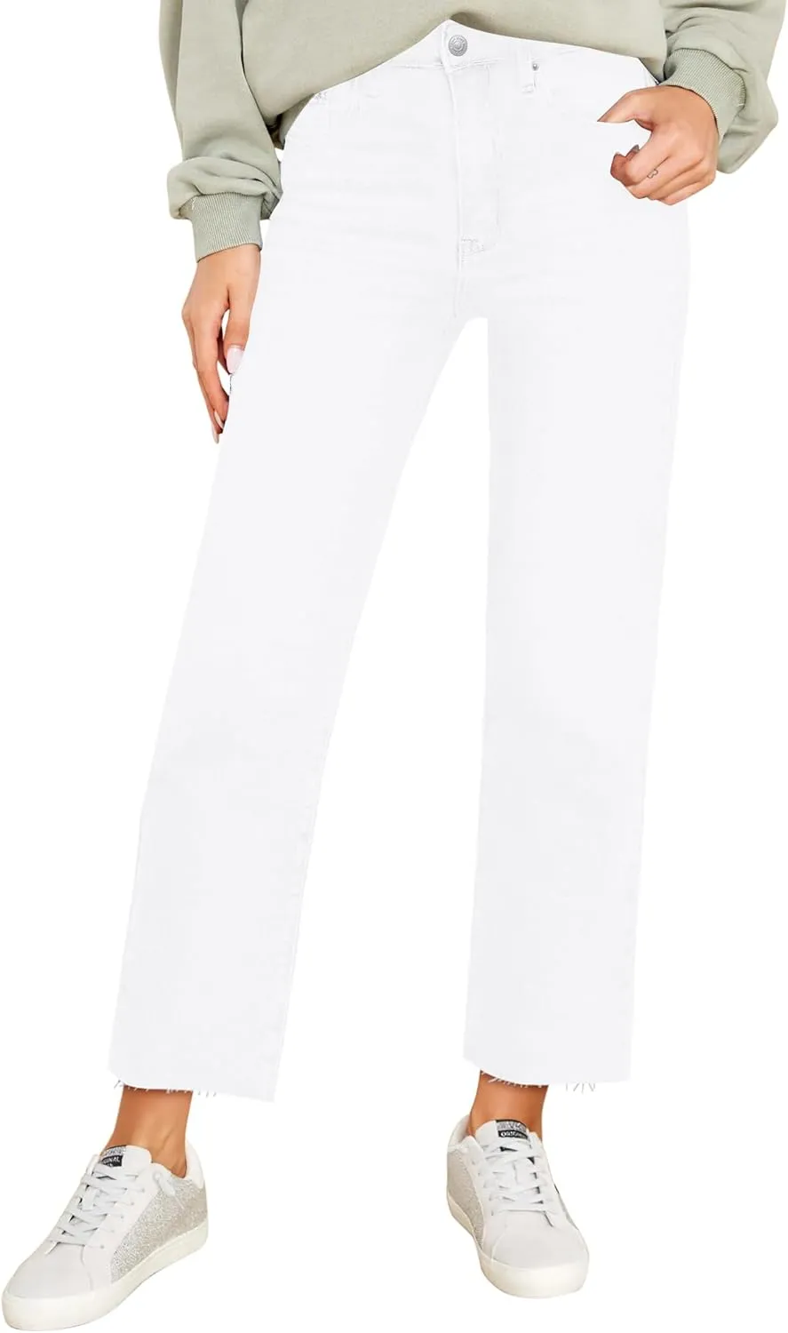 KDF Women's Cropped Straight Leg Jeans - High Waisted Jeans for Women 7/8 Length Denim Pants with Crop Hem