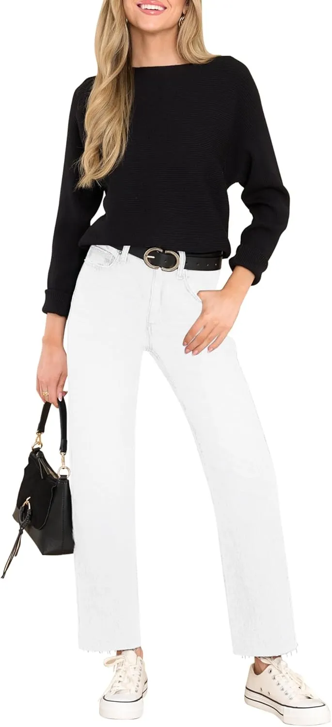 KDF Women's Cropped Straight Leg Jeans - High Waisted Jeans for Women 7/8 Length Denim Pants with Crop Hem