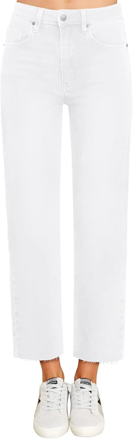 KDF Women's Cropped Straight Leg Jeans - High Waisted Jeans for Women 7/8 Length Denim Pants with Crop Hem