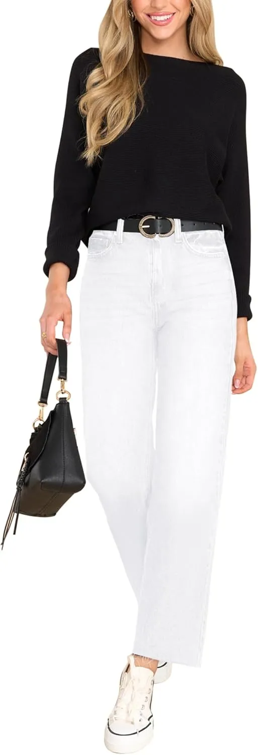 KDF Women's Cropped Straight Leg Jeans - High Waisted Jeans for Women 7/8 Length Denim Pants with Crop Hem