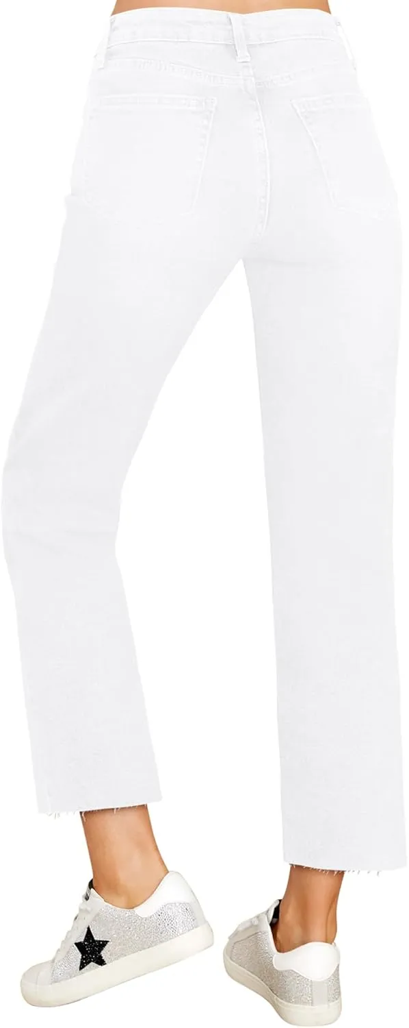 KDF Women's Cropped Straight Leg Jeans - High Waisted Jeans for Women 7/8 Length Denim Pants with Crop Hem