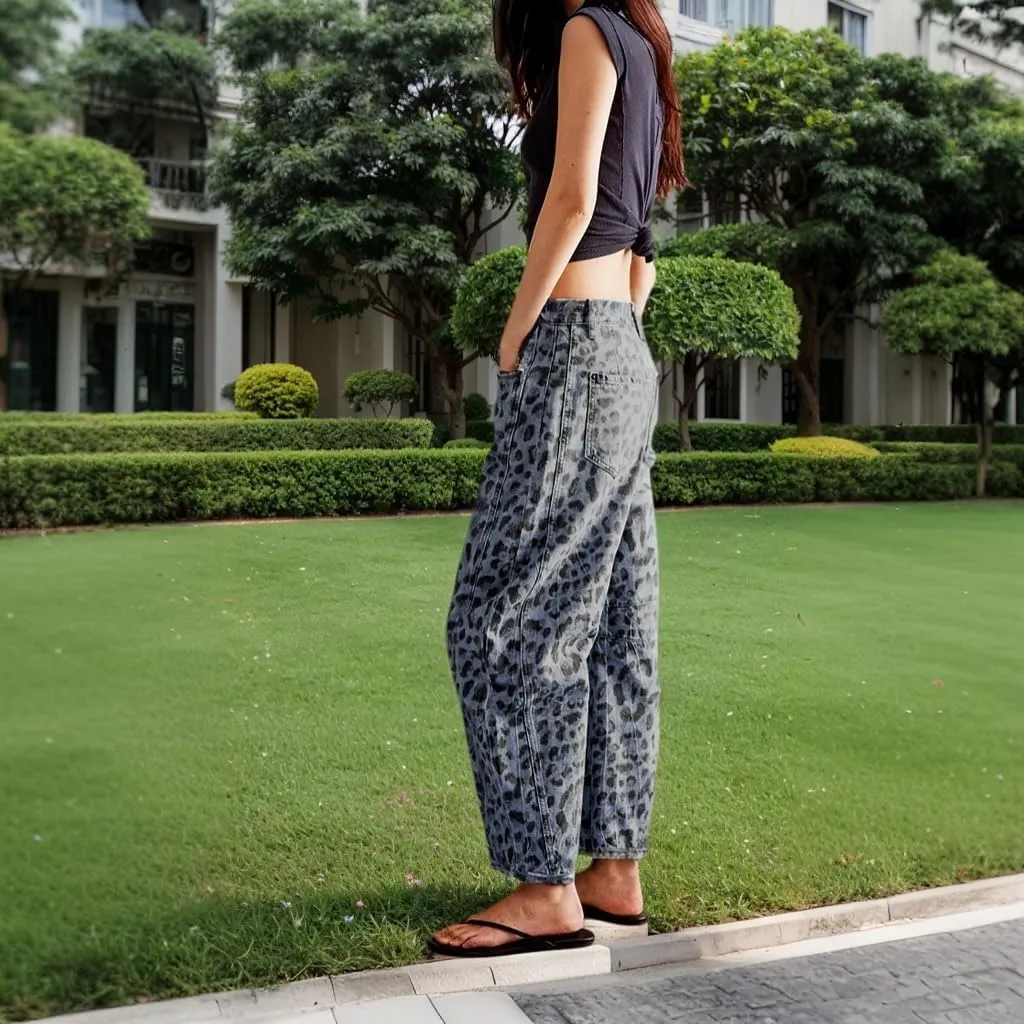 Leopard Pants Women Barrel Baggy Y2k Boyfriend Jeans Cheetah Print Jeans Mid Rise Embroidered Jean