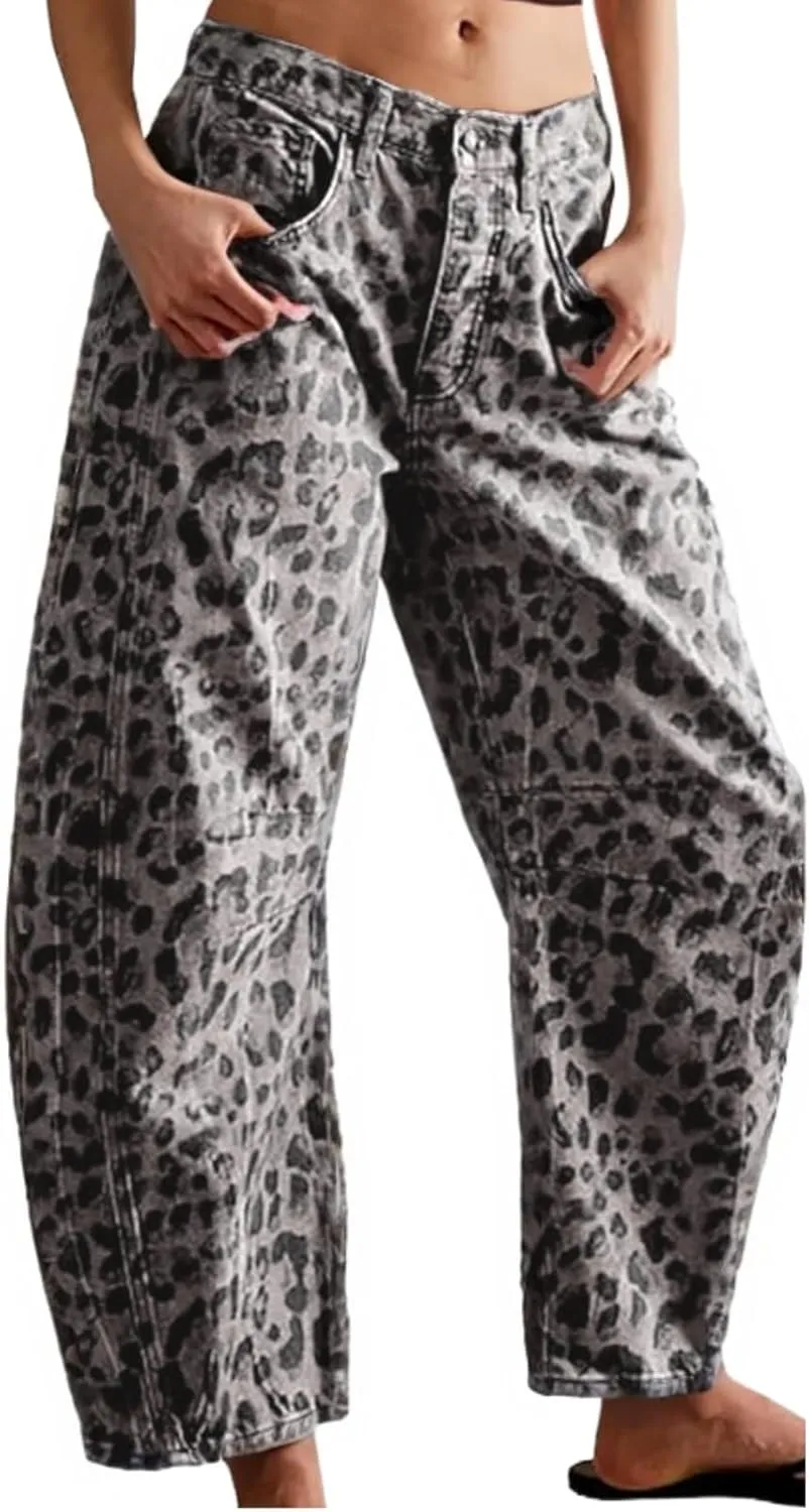 Leopard Pants Women Barrel Baggy Y2k Boyfriend Jeans Cheetah Print Jeans Mid Rise Embroidered Jean