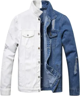 LZLER Jean Jacket for Men,Separable Left&Right Ripped Slim Fit Mens Denim Jacket