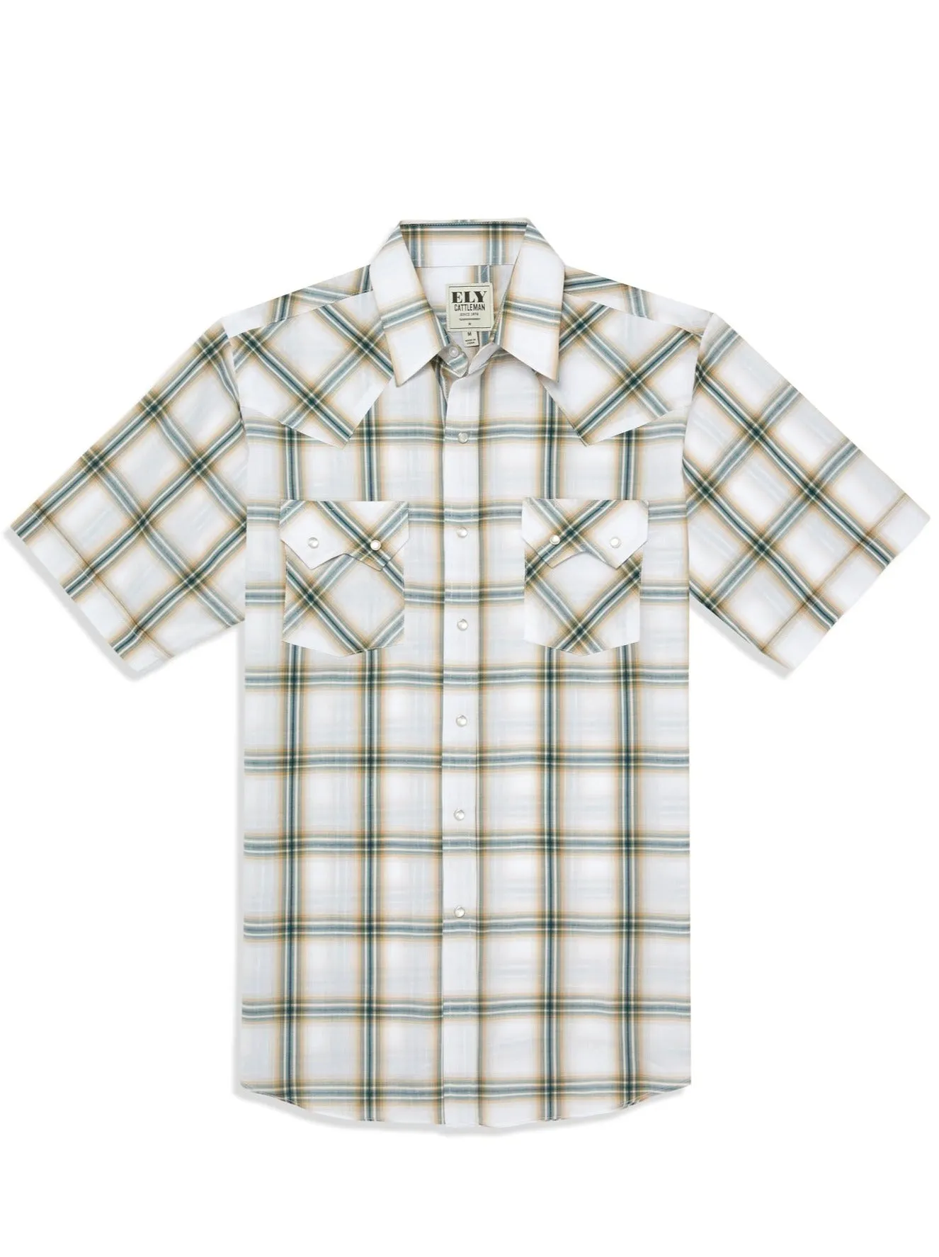 Men's Ely Cattleman Short Sleeve Plaid Western Snap Shirt- Black & Hunter Green