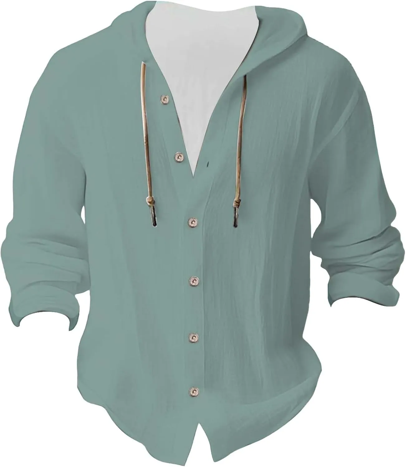 Men's Long Sleeve Cotton Linen Shirt Drawstring Beach Button Down Shirts Casual Button Up Hoodie Summer Tops Hood with Pocket