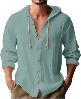 Men's Long Sleeve Cotton Linen Shirt Drawstring Beach Button Down Shirts Casual Button Up Hoodie Summer Tops Hood with Pocket