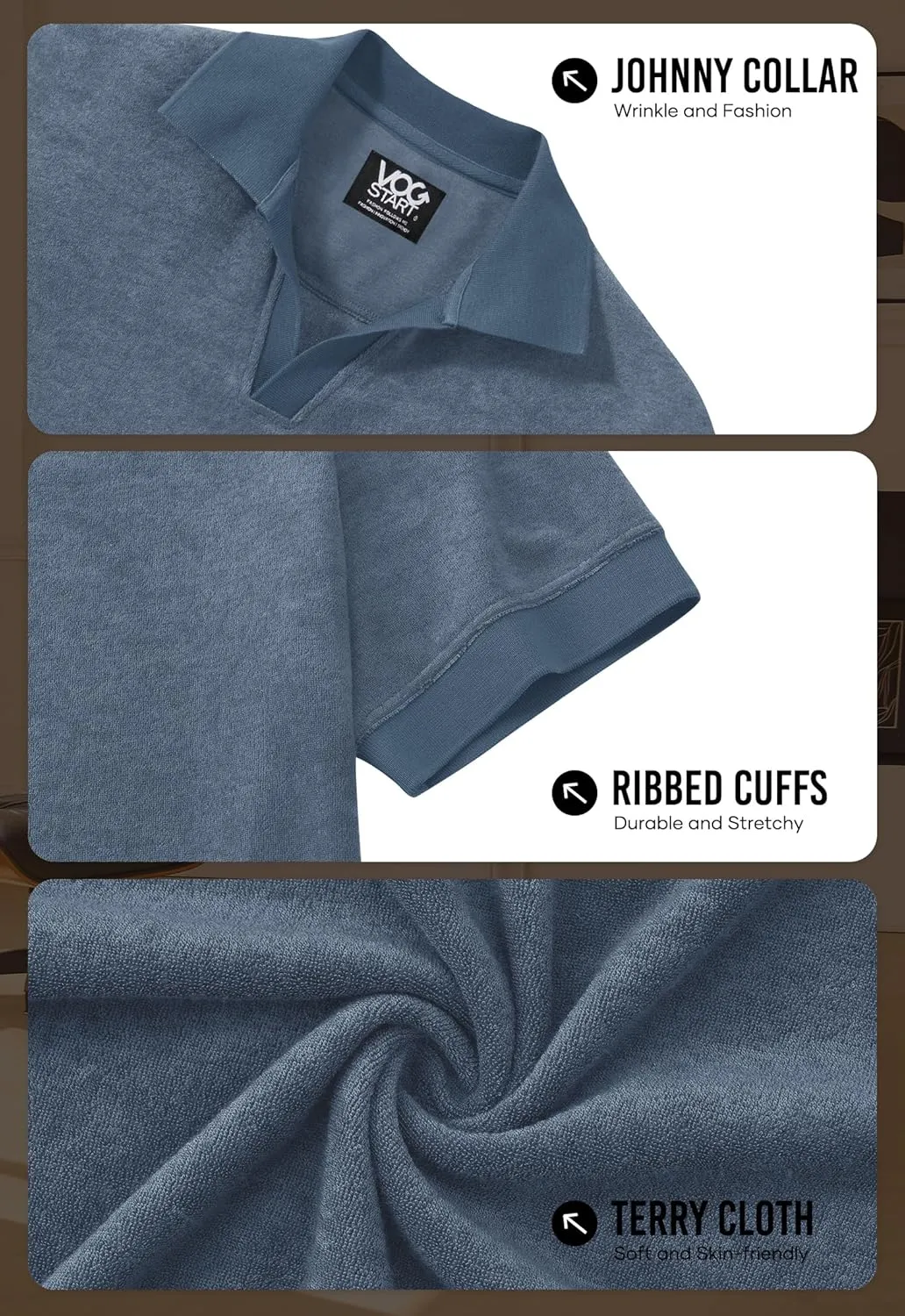 Mens Terry Polo Shirts Johnny Collar Casual Summer Short Sleeve Buttonless Shirt (S-XXL)