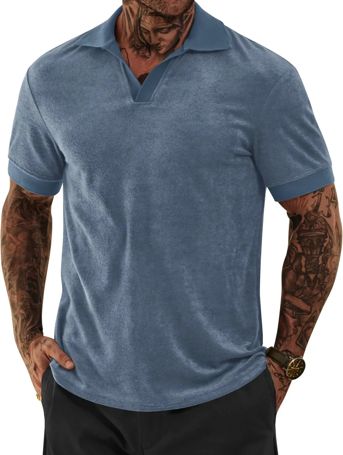 Mens Terry Polo Shirts Johnny Collar Casual Summer Short Sleeve Buttonless Shirt (S-XXL)