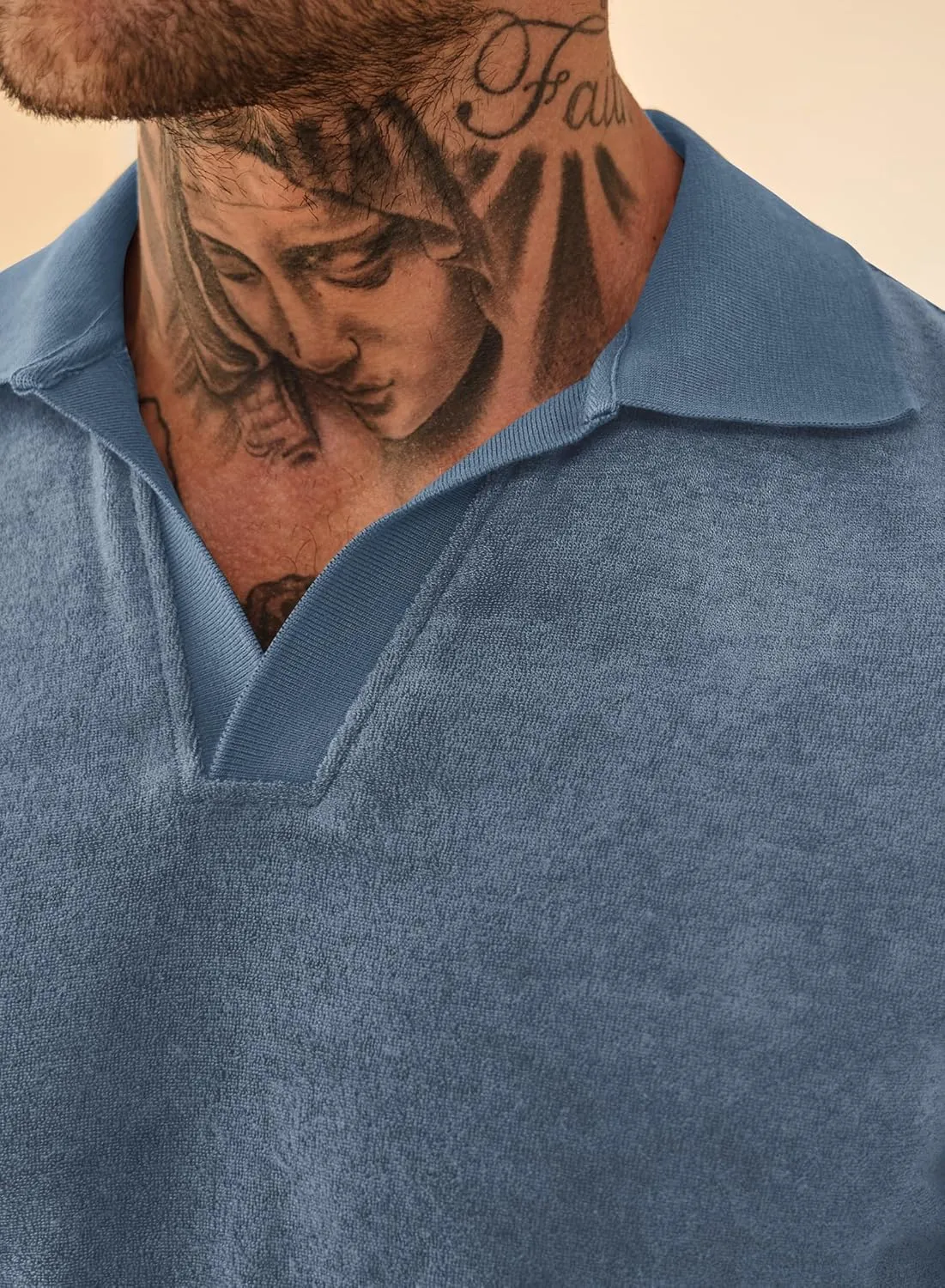 Mens Terry Polo Shirts Johnny Collar Casual Summer Short Sleeve Buttonless Shirt (S-XXL)