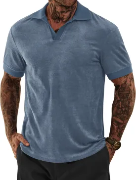 Mens Terry Polo Shirts Johnny Collar Casual Summer Short Sleeve Buttonless Shirt (S-XXL)
