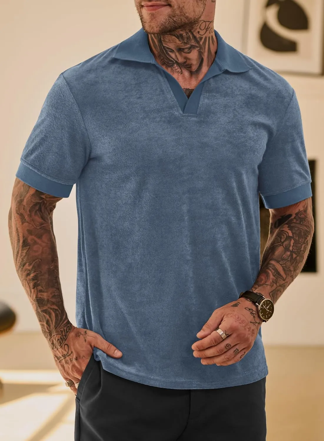 Mens Terry Polo Shirts Johnny Collar Casual Summer Short Sleeve Buttonless Shirt (S-XXL)